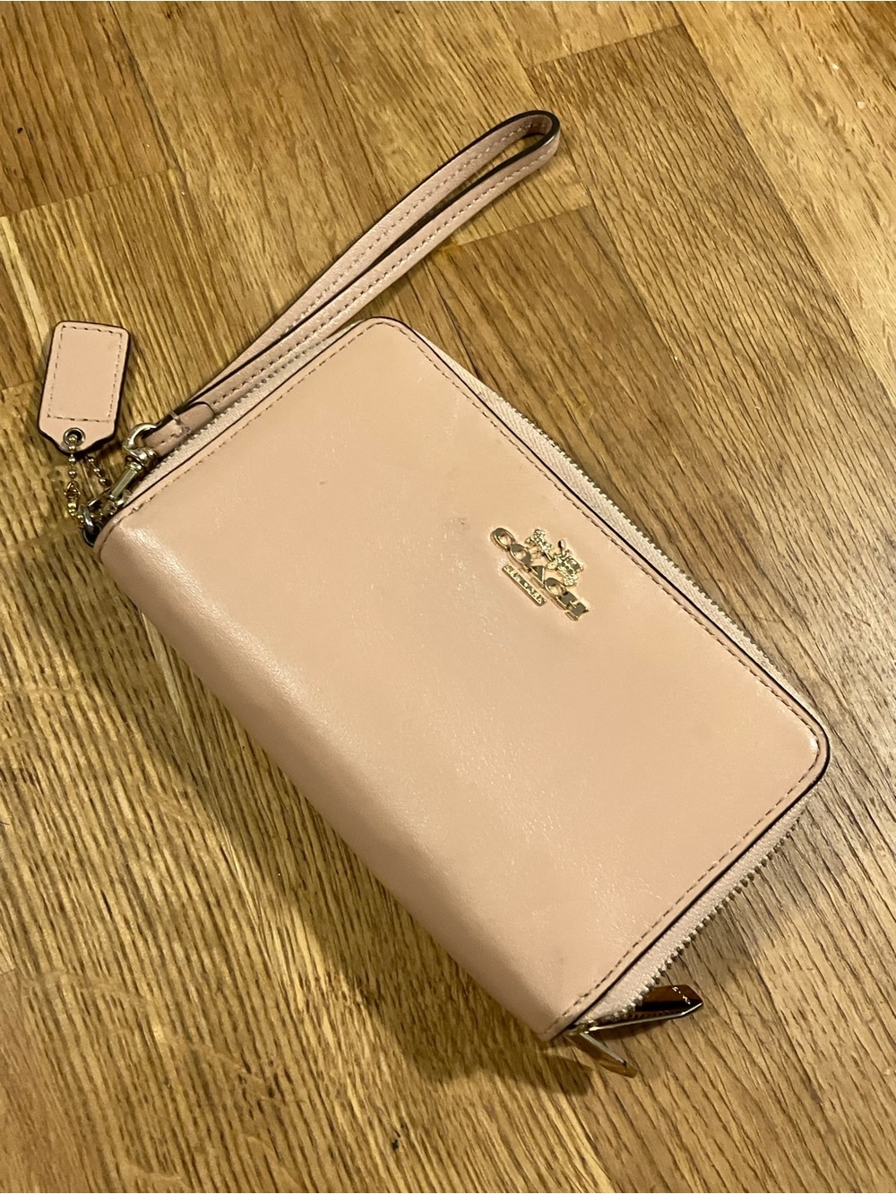 Coach Blush Pink Leather Zip Wristlet Wallet with Gold Logo
